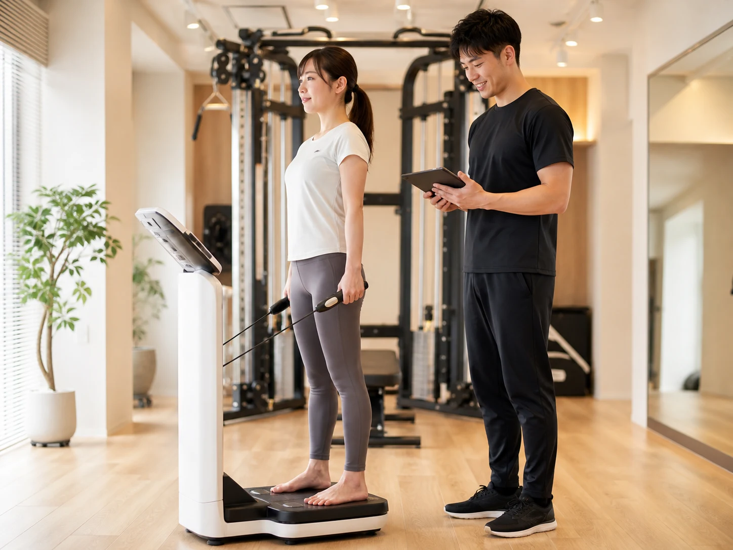 体組成計で身体を測定しトレーナーが結果を確認する様子