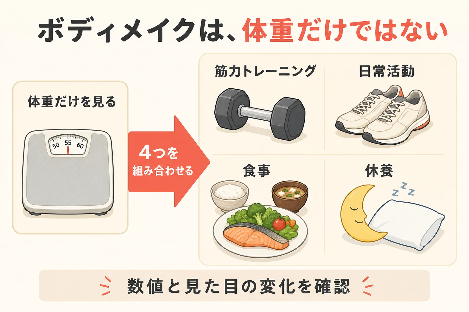ボディメイクは体重だけでなく、筋力トレーニング・日常活動・食事・休養を組み合わせることを示す説明イラスト