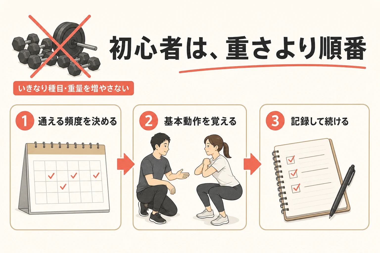 運動初心者が通える頻度、基本動作、記録の順で無理なく始めることを示す説明イラスト