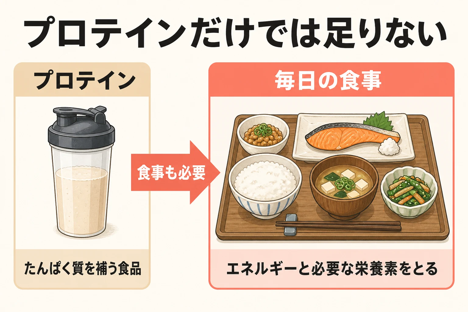 プロテインだけでは足りず、毎日の食事からエネルギーと必要な栄養素を取ることを示す比較イラスト