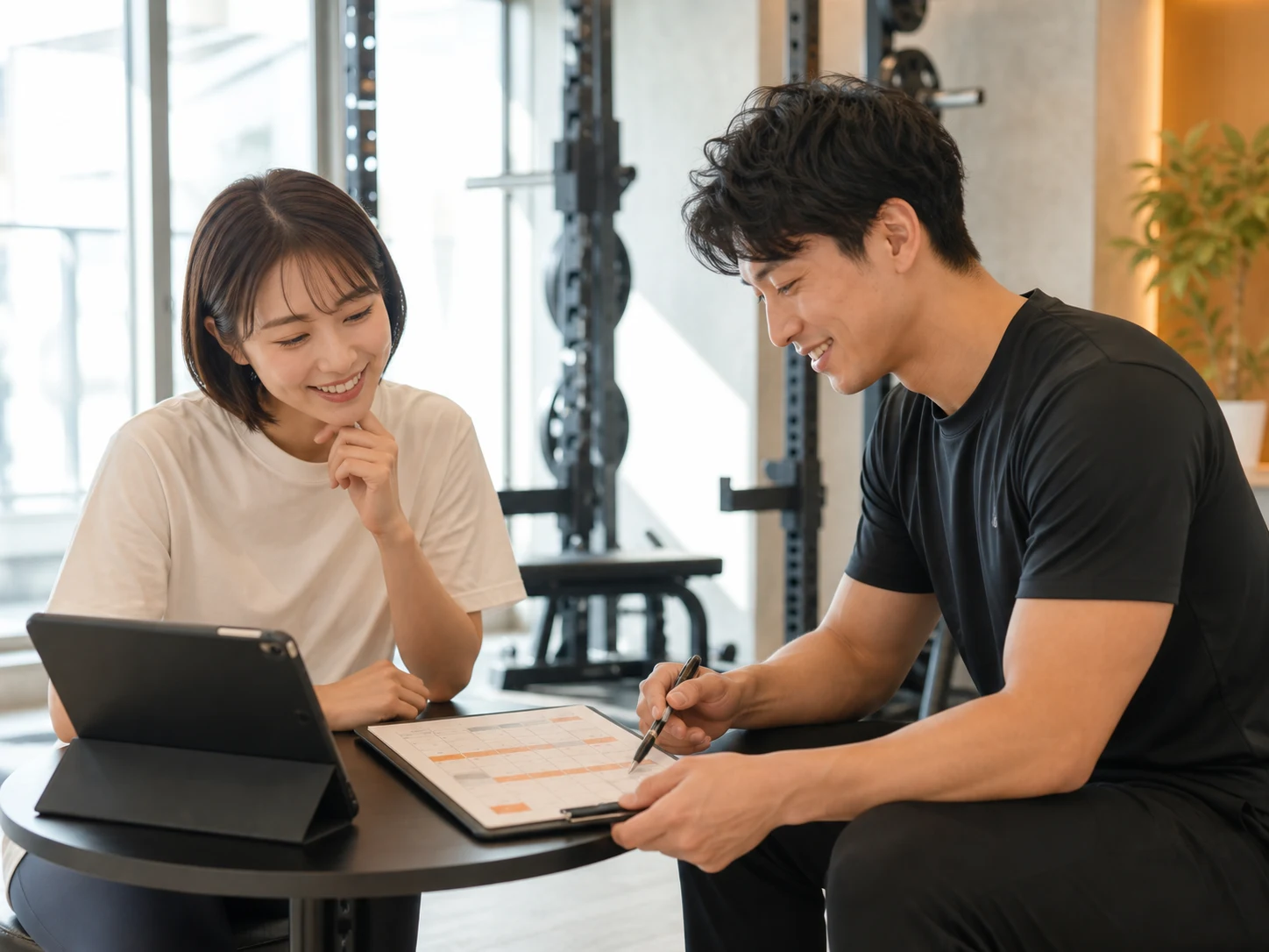 トレーナーと週間の進み方を相談する女性