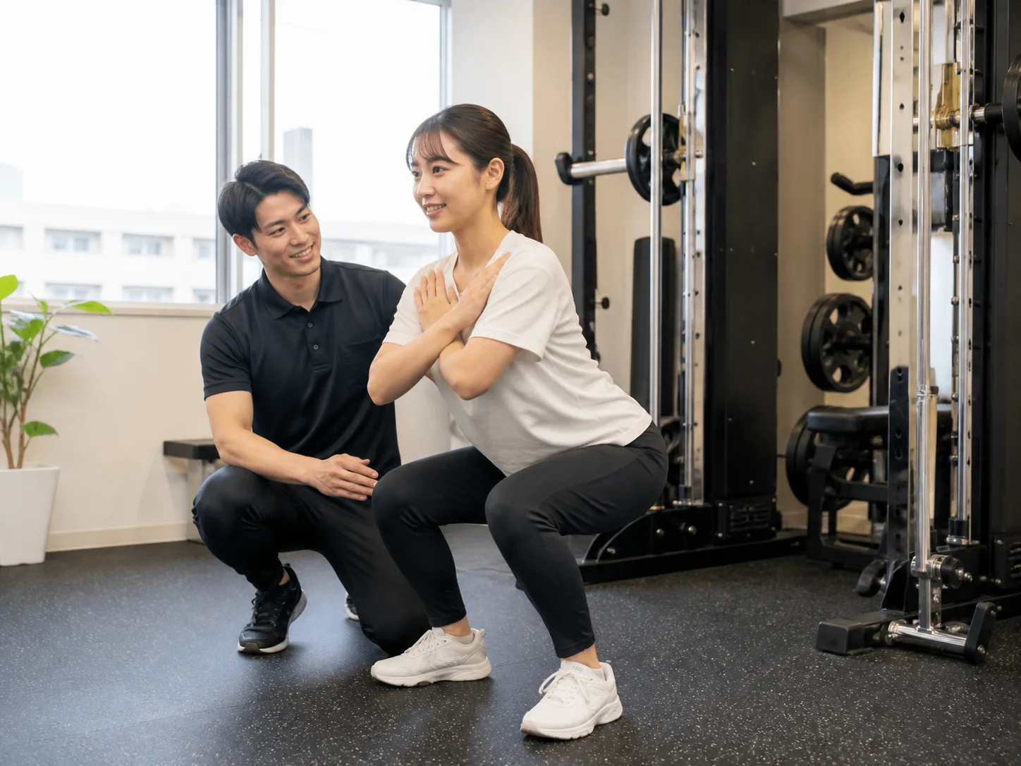 トレーナーの補助を受けながら運動を練習する女性