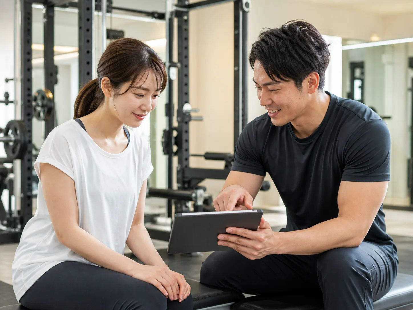 トレーナーと利用者がタブレットを見ながら目標を相談している