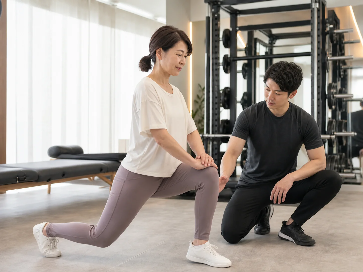 トレーナーに見守られながら身体の動きを確認する女性