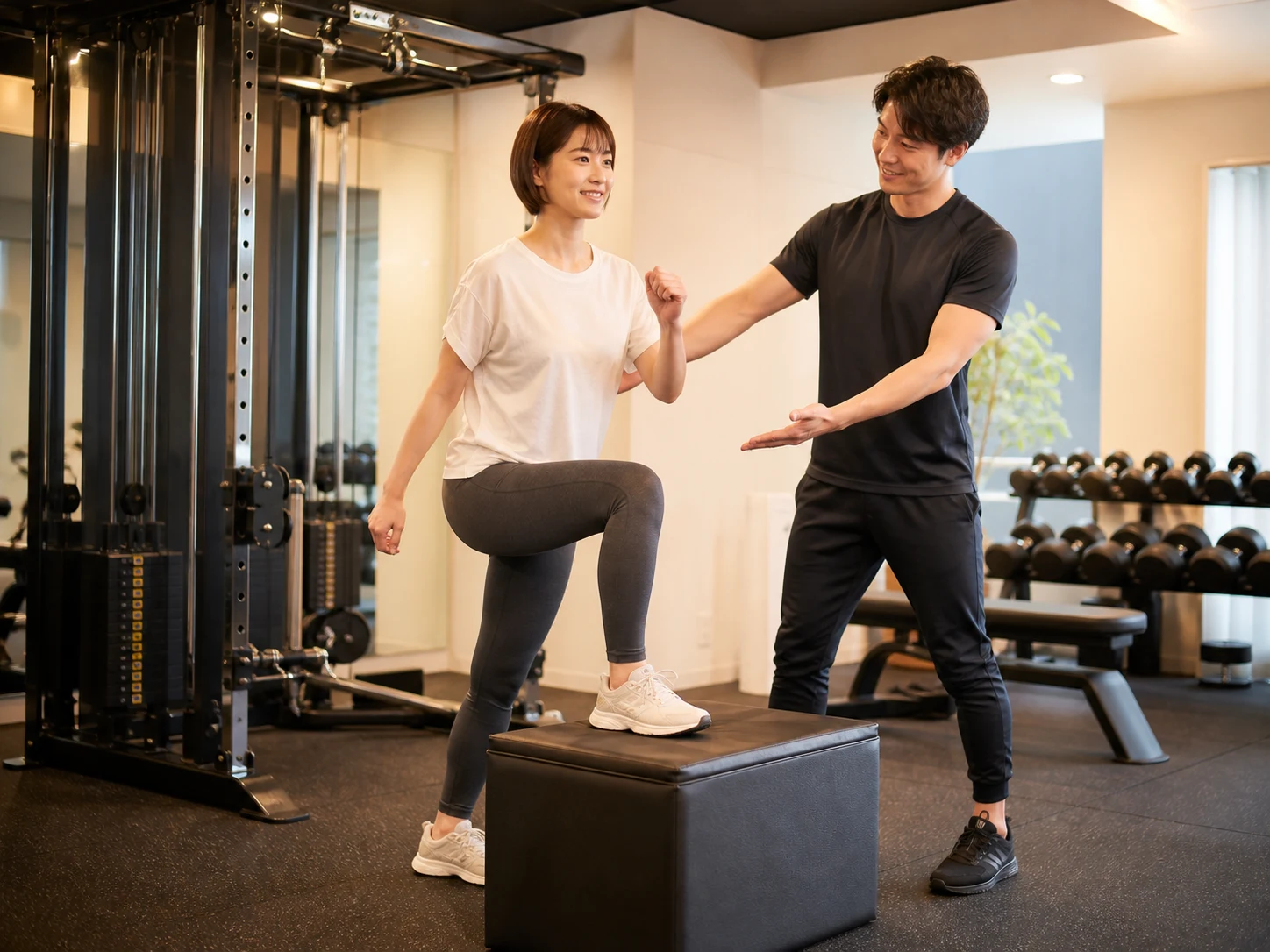 トレーナーの指導でステップ運動に取り組む女性