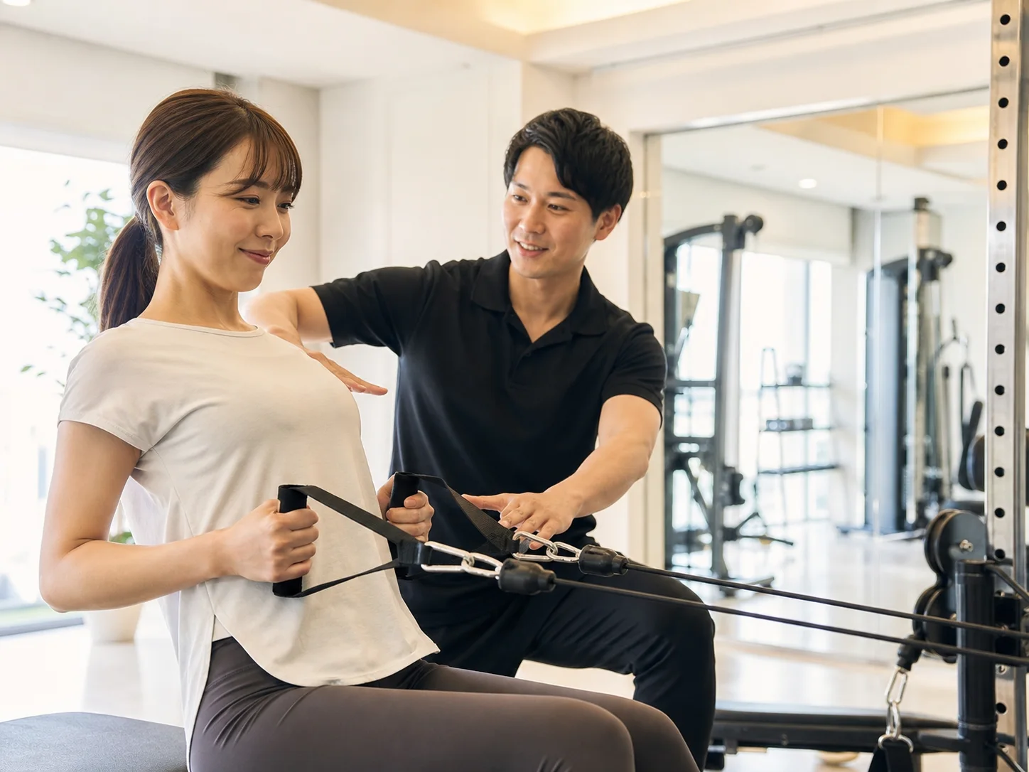 トレーナーから初心者向けのフォーム指導を受ける女性