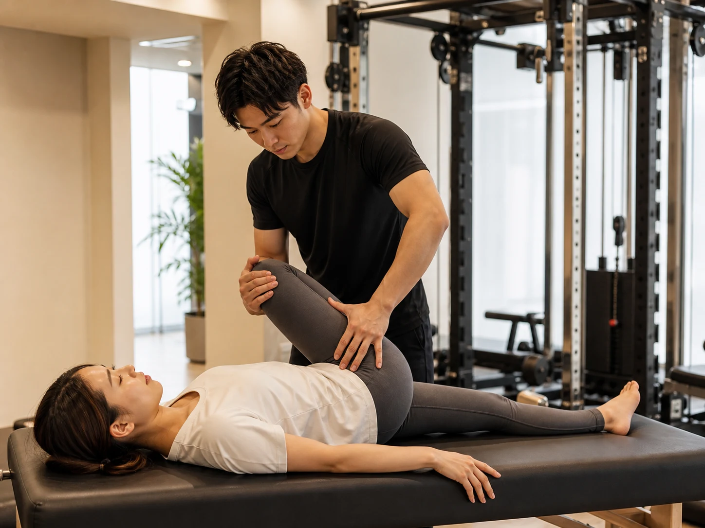 ジム内の施術台でトレーニング前の身体を整える様子