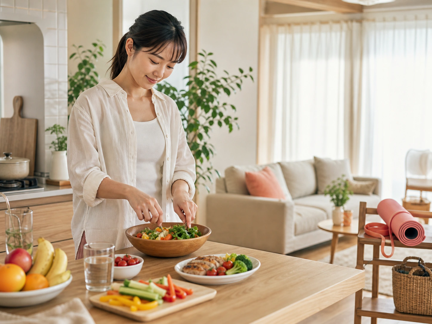 自宅でバランスのよい食事を準備する女性と運動マット
