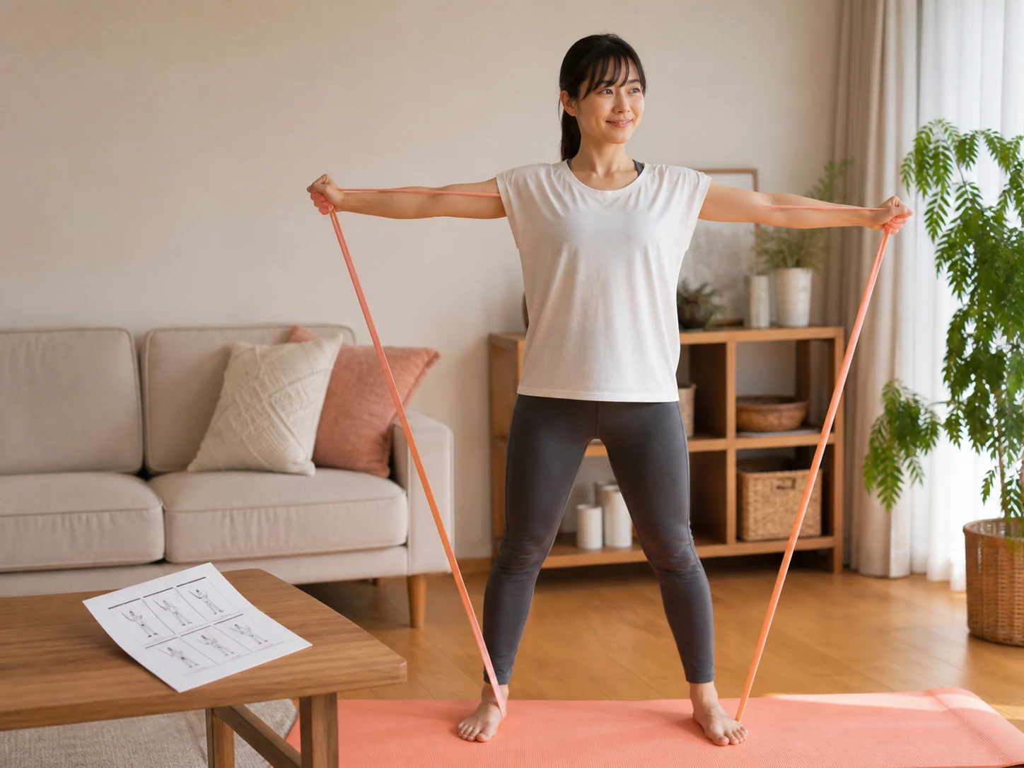 自宅で運動計画を見ながらバンドトレーニングを続ける女性