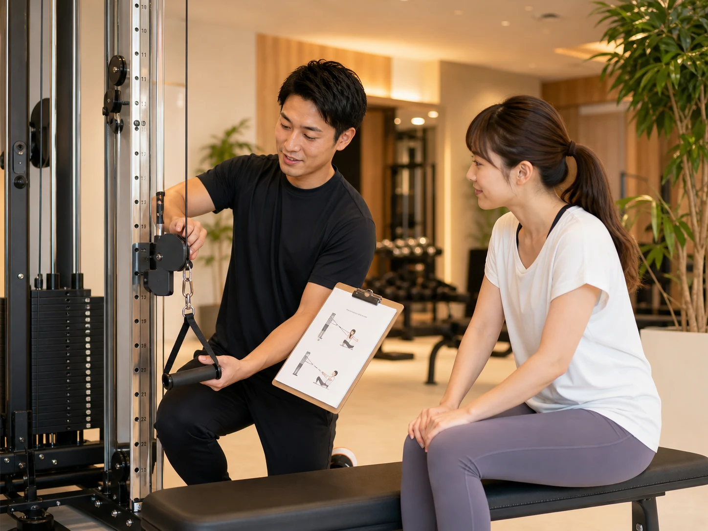 トレーナーが女性に合わせてケーブルマシンと運動メニューを調整する様子