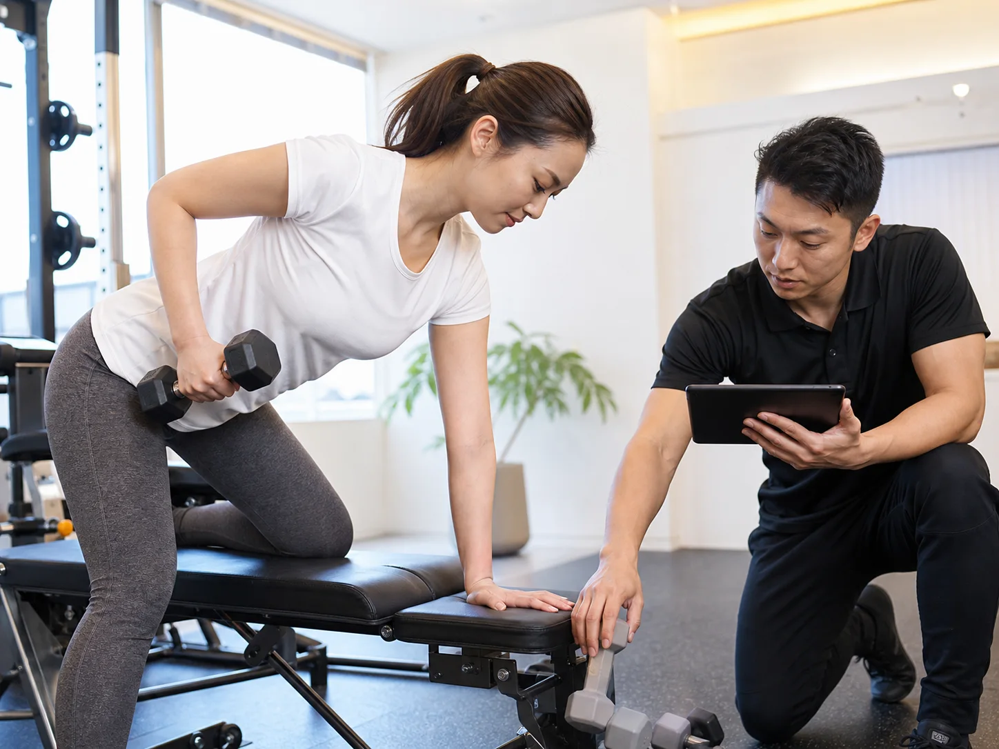 トレーナーの指導を受けながら個別メニューに取り組む女性