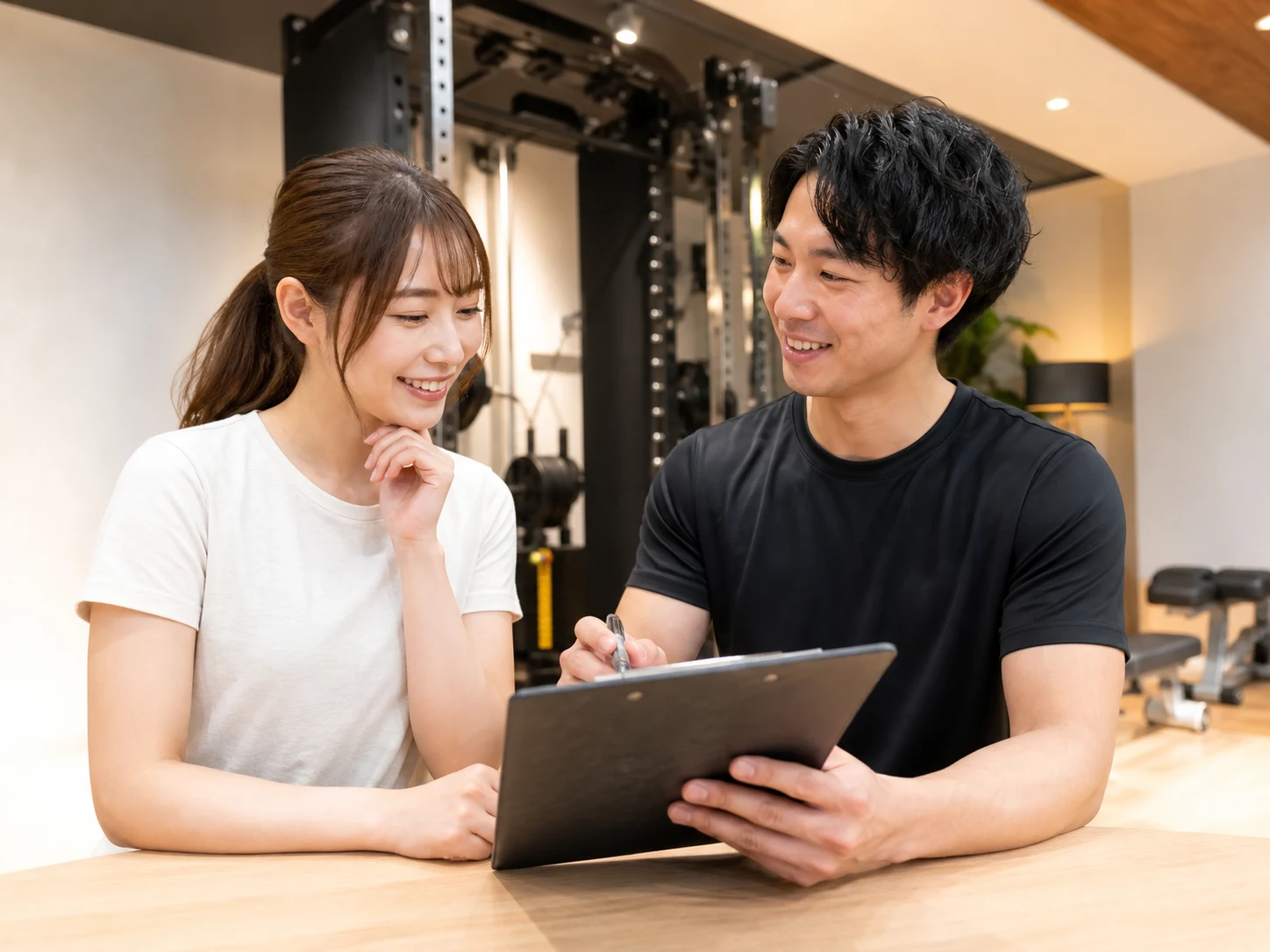 初回メニュー後にトレーナーと内容や相性を相談する女性