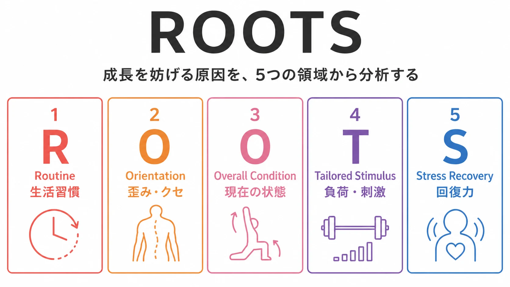 ROOTSが生活習慣、歪みやクセ、現在の状態、負荷と刺激、回復力の5領域から成長を妨げる原因を分析することを示す図解
