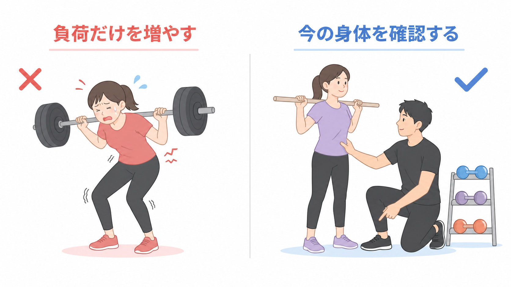 負荷だけを増やす場合とトレーナーが今の身体を確認する場合を比較した図解