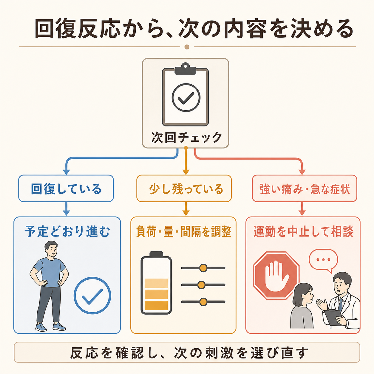 回復反応に応じて次回の運動内容を選ぶ分岐図