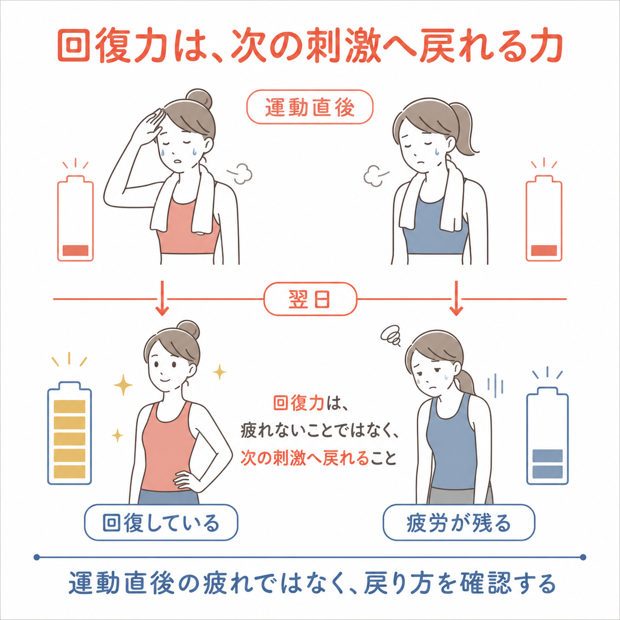 運動直後はどちらも疲れているが翌日までの戻り方に個人差があることを示す図解
