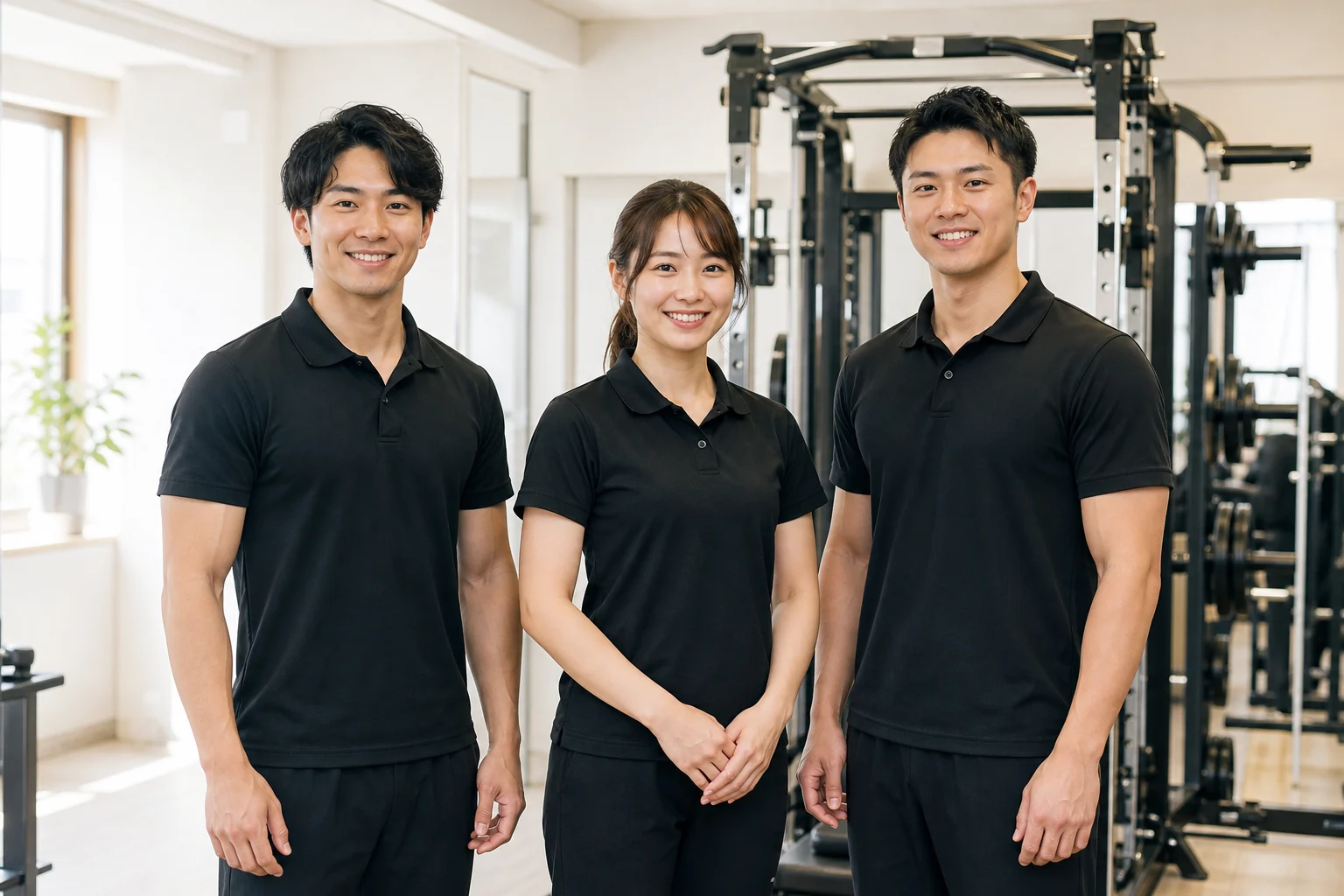 明るいトレーニングジムで黒いウェアを着て並ぶ男女3名のトレーナーイメージ