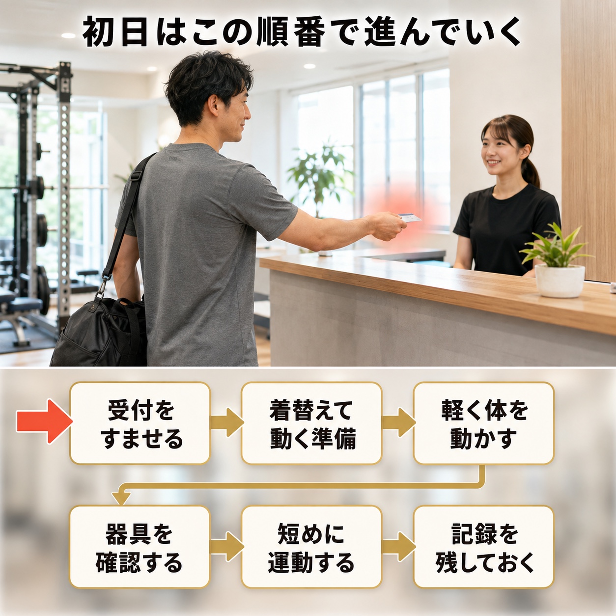 ジム 初心者｜メカニズム｜初日は6つの順番で進む