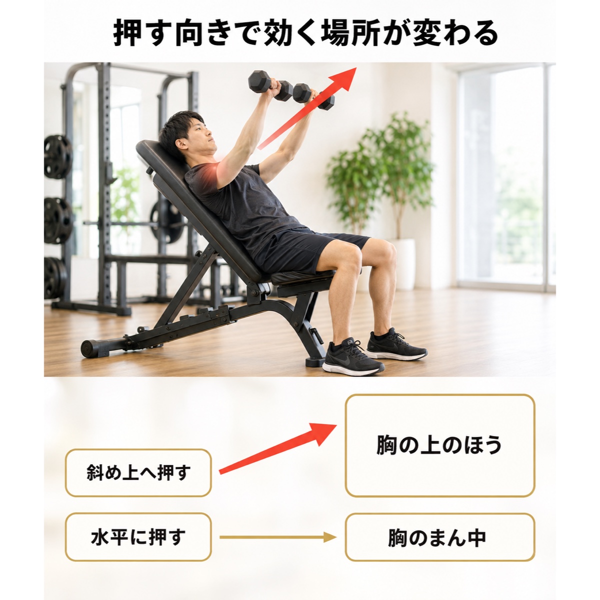 インクラインベンチプレス｜メカニズム｜押し出す向きで働く場所が変わる