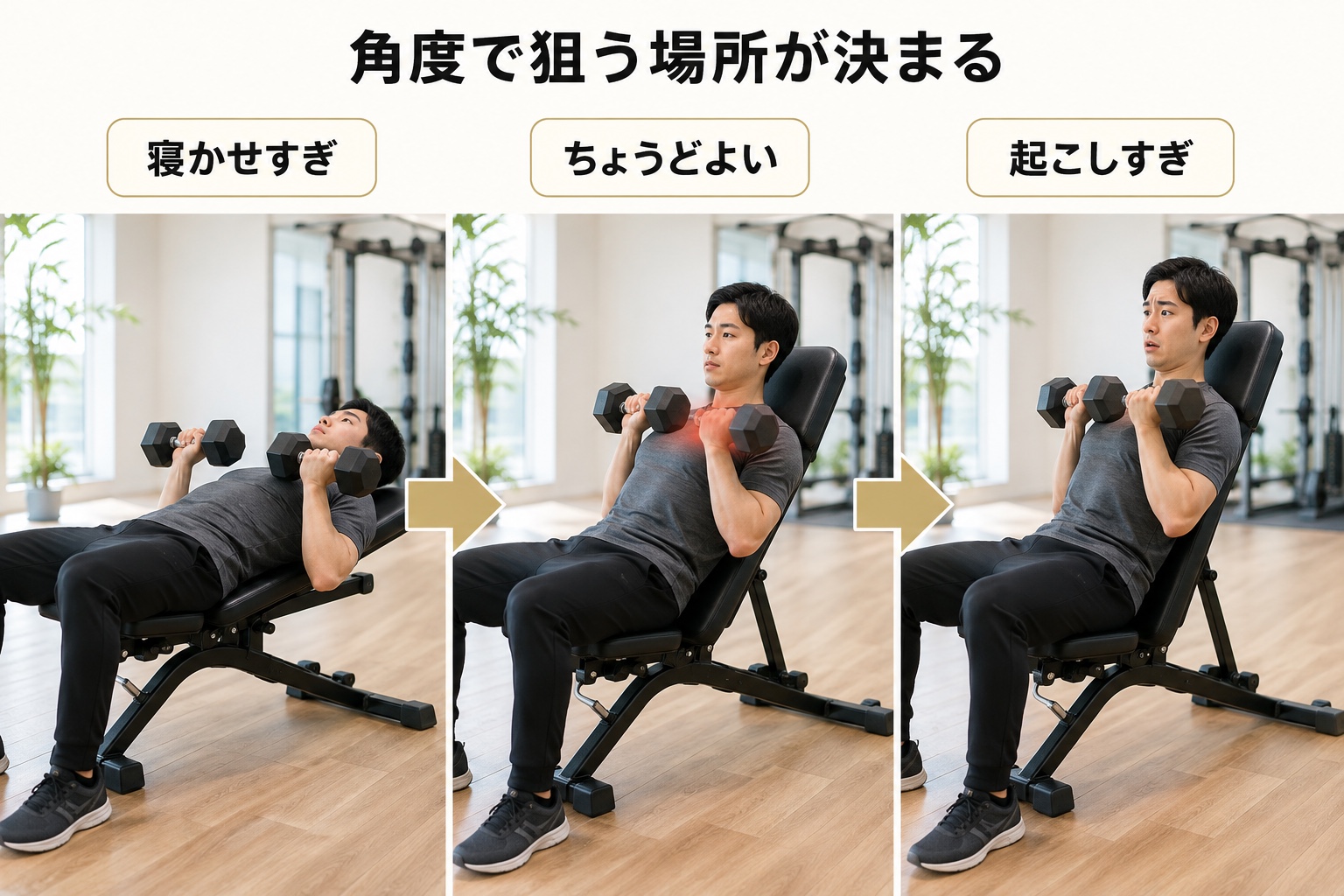 インクラインベンチプレス｜ベンチの起こし方の違い