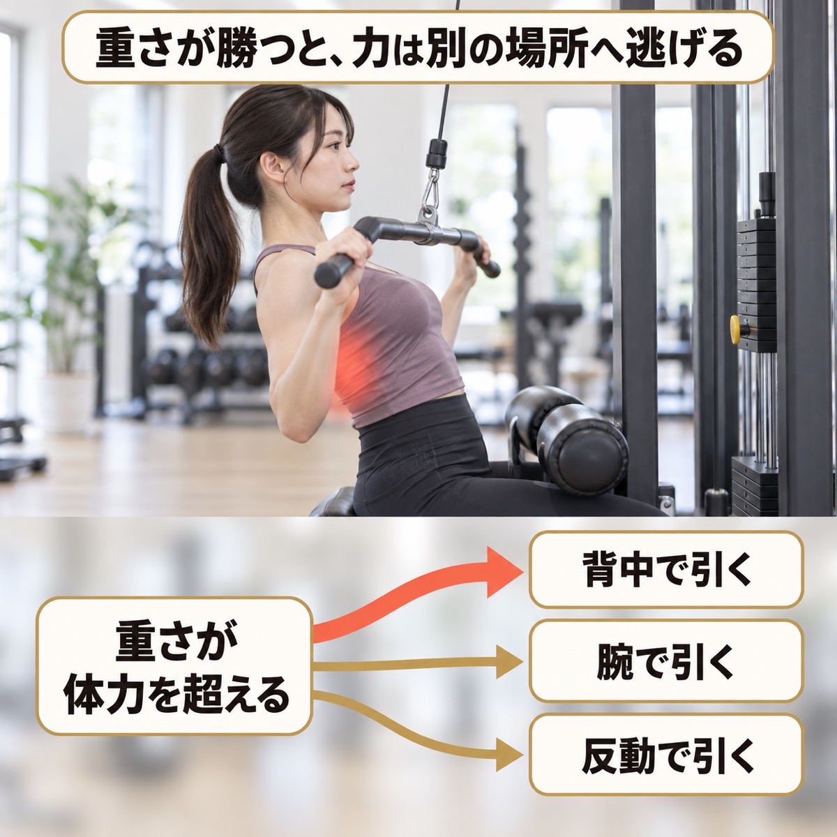 ラットプルダウン 重量｜メカニズム｜重さが勝つと引く力がどこへ移るか