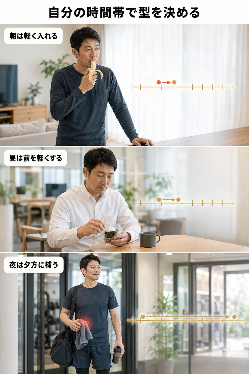 筋トレ 前後 食事｜手順｜時間帯ごとの置き方
