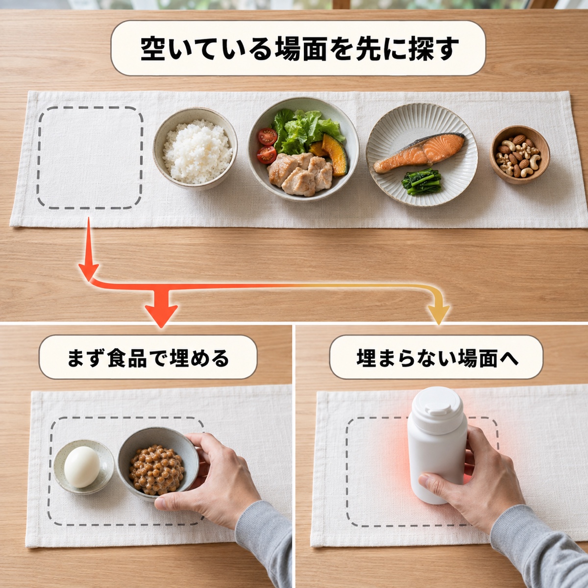 プロテイン 飲む タイミング｜手順｜空いた場面を先に探す