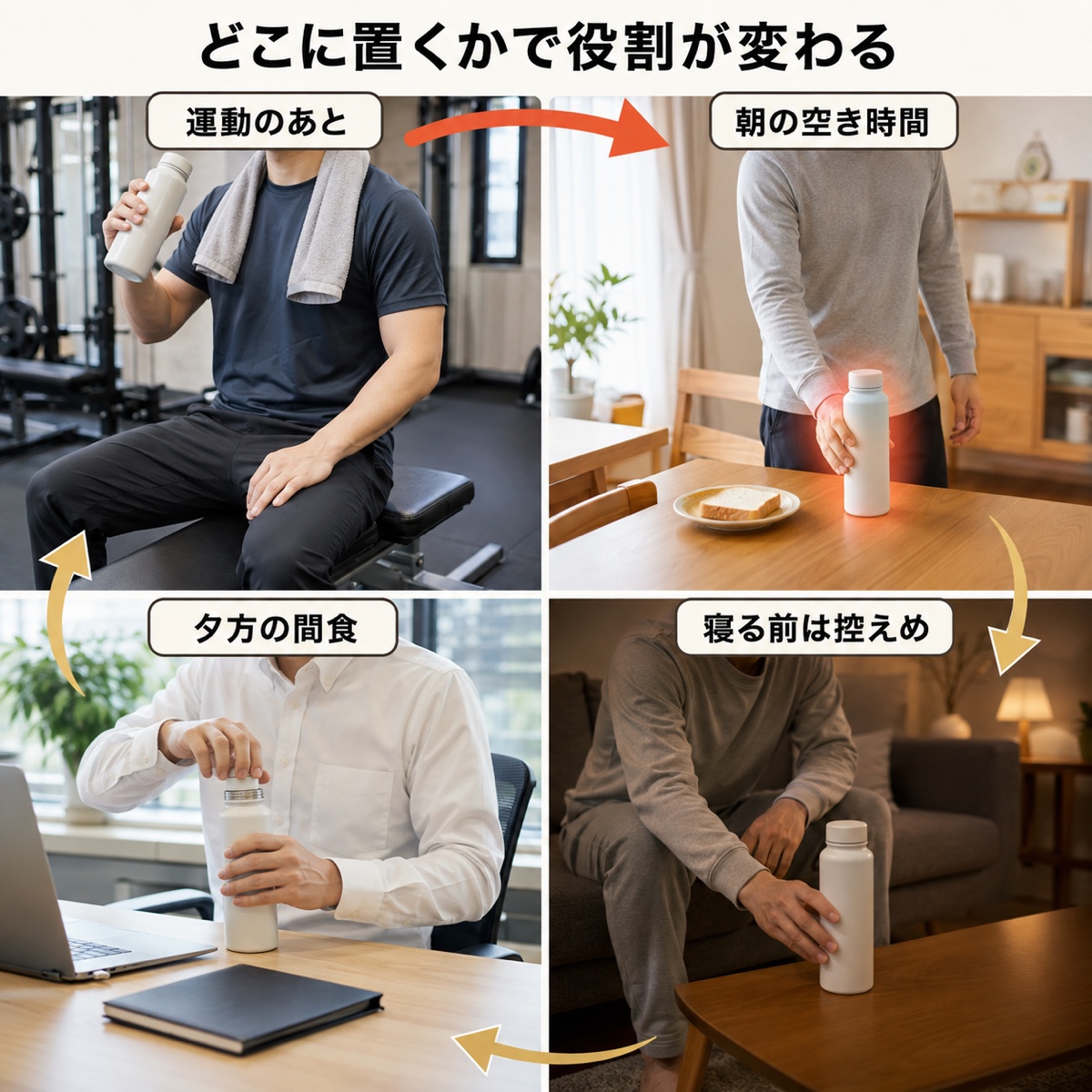 プロテイン 飲む タイミング｜場面別｜置く場所で役割が変わる