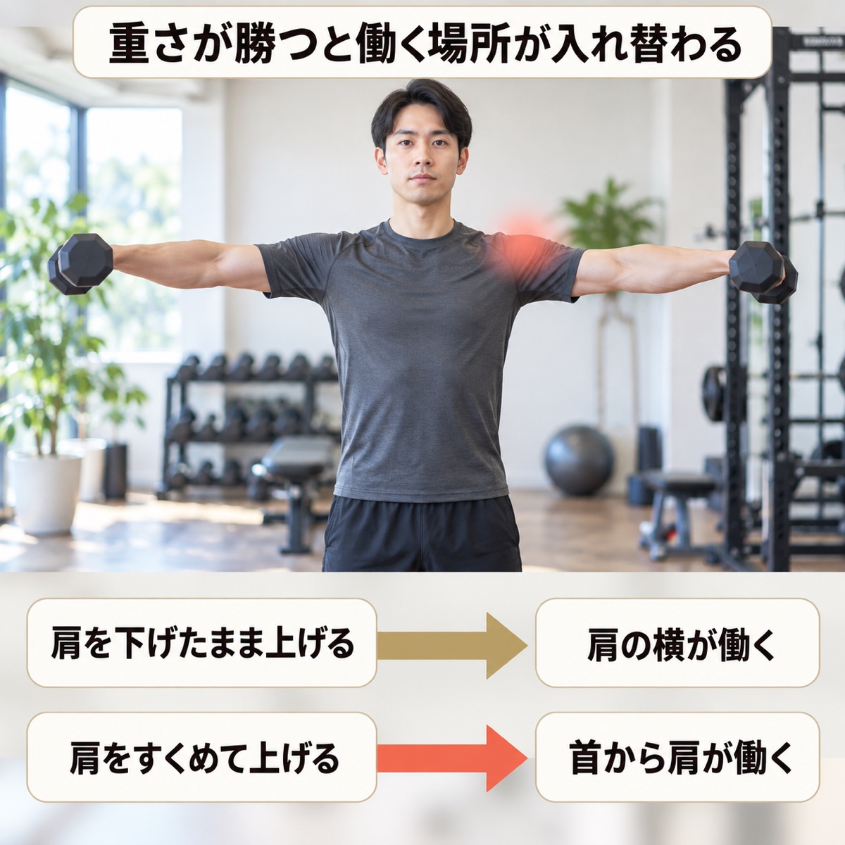 サイドレイズ 重量｜メカニズム｜重さが勝つと働く場所が入れ替わる