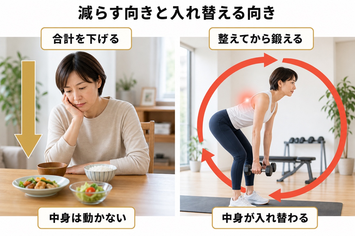 スキニーファット｜進め方の向き｜合計を下げるか、中身を入れ替えるか