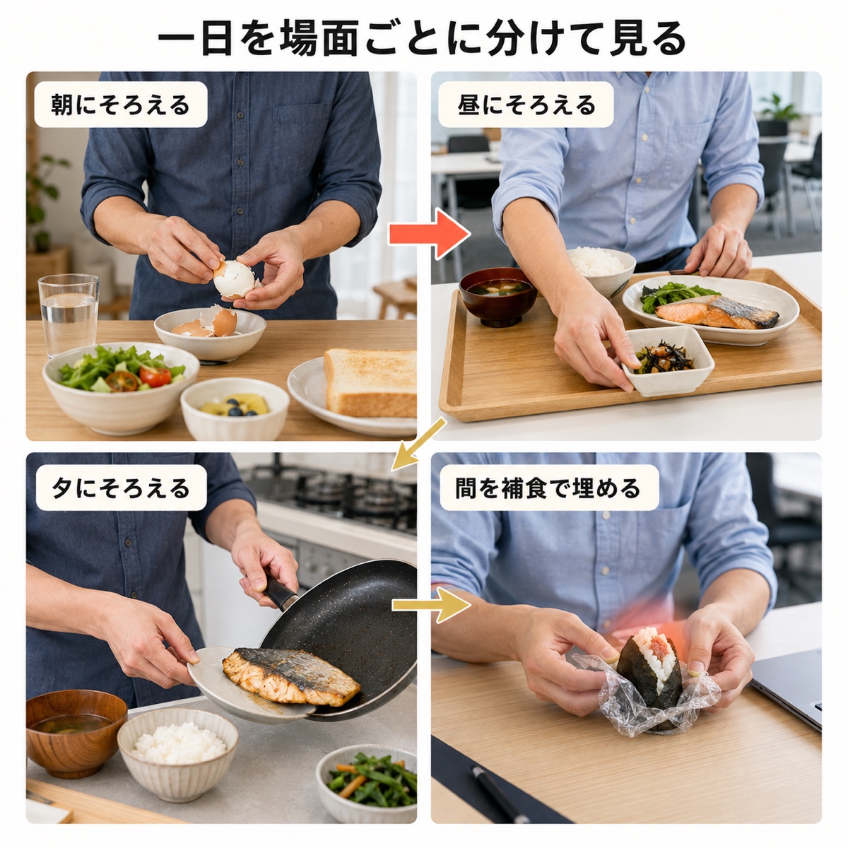 筋トレ 食事 メニュー｜手順｜一日を四つの場面に分ける