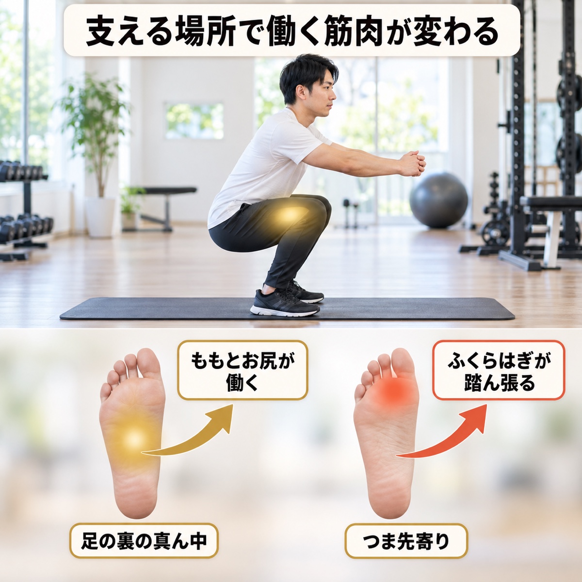 スクワット ふくらはぎ｜メカニズム｜支える場所が前へ移ると、働く筋肉が変わる